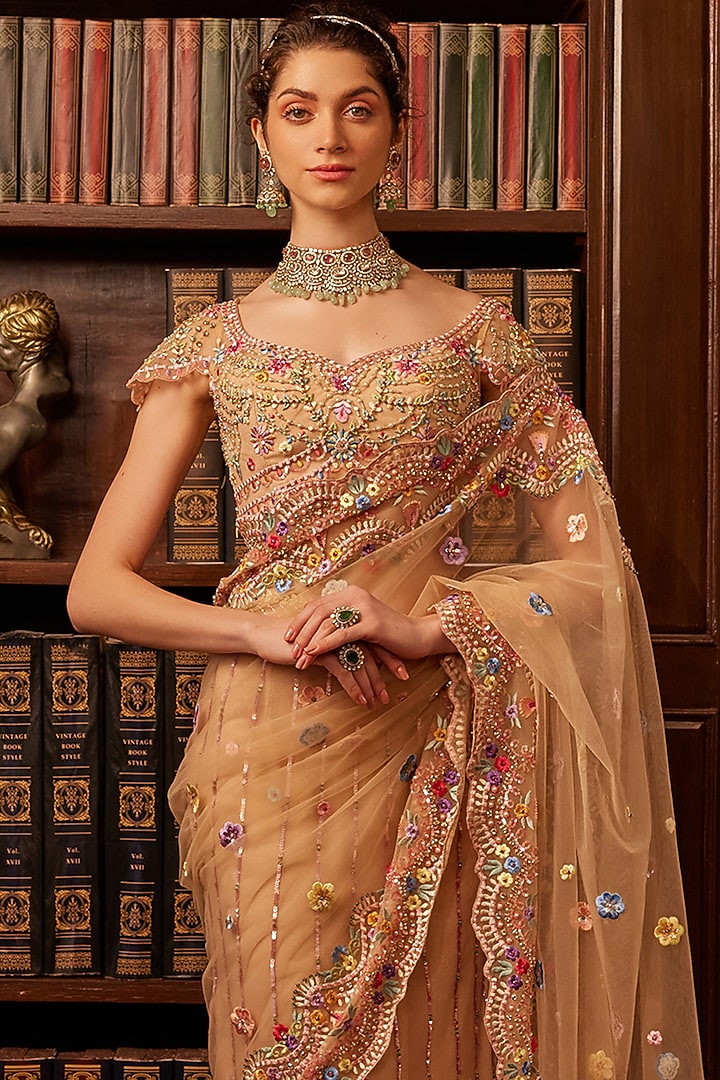 Nude Tulle Threadwork Embroidered Concept Bridal Saree Set by Cherie D at Pernia's Pop Up Shop
