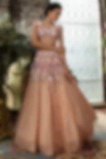 Peach Pink Tulle Floral Embellished Bridal Lehenga Set by Cherie D at Pernia's Pop Up Shop