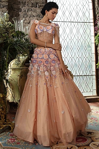 Peach Pink Tulle Floral Embellished Lehenga Set by Cherie D