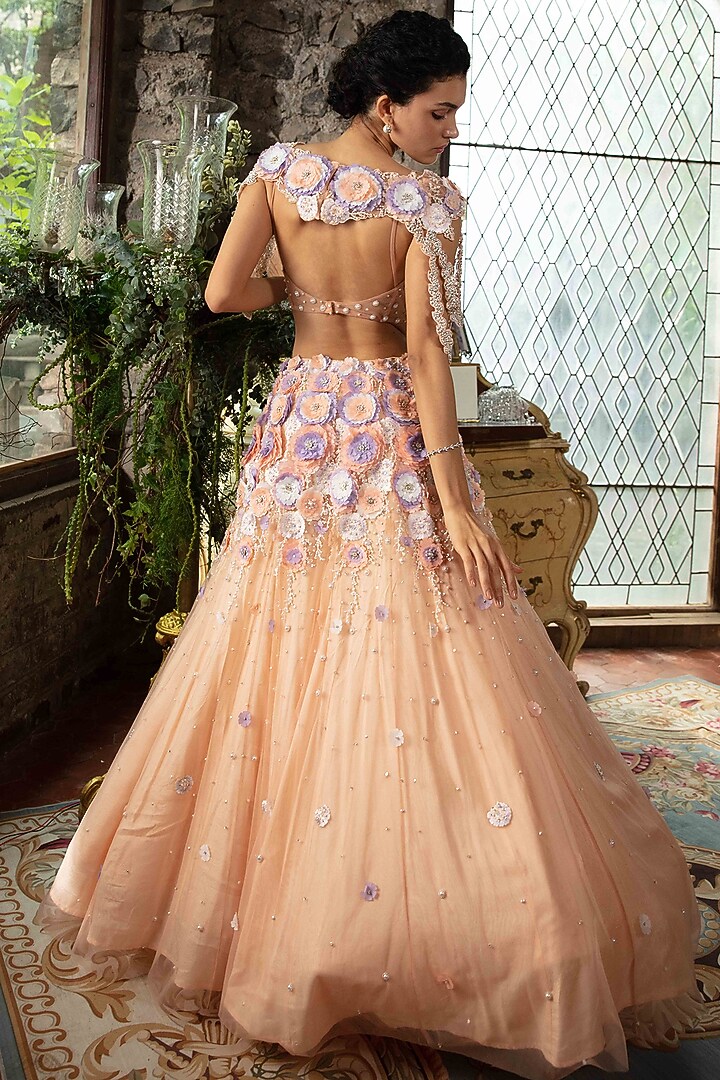 Peach Pink Tulle Floral Embellished Bridal Lehenga Set by Cherie D at Pernia's Pop Up Shop