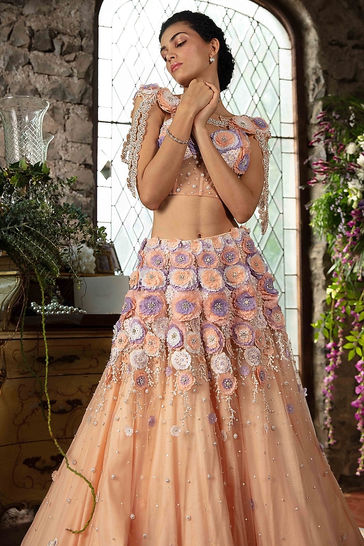 Peach Pink Tulle Floral Embellished Bridal Lehenga Set by Cherie D at Pernia's Pop Up Shop