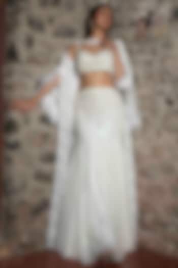 White Tulle Pearl Embroidered Jacket Set by Cherie D at Pernia's Pop Up Shop