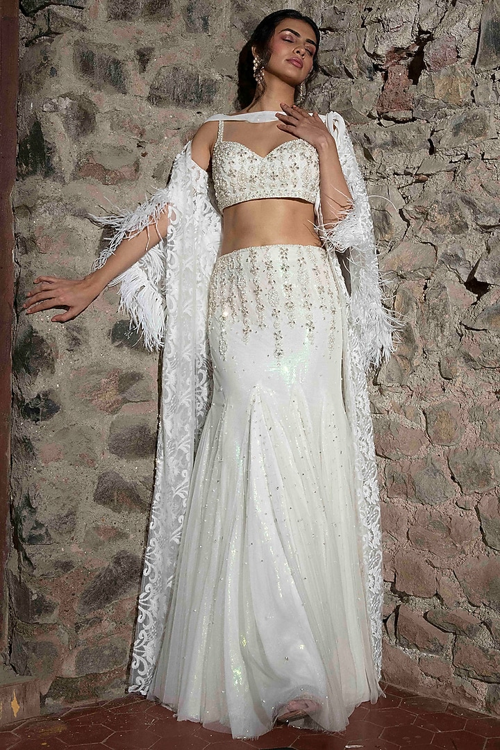 White Tulle Pearl Embroidered Jacket Set by Cherie D at Pernia's Pop Up Shop