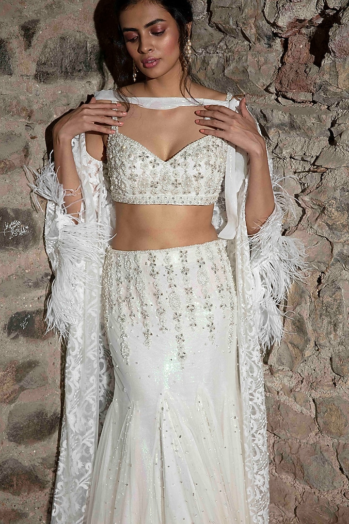 White Tulle Pearl Embroidered Jacket Set by Cherie D at Pernia's Pop Up Shop