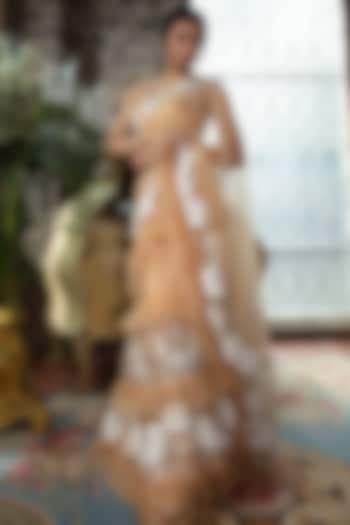 Nude Tulle Crystal Beadwork Tiered Bridal Lehenga Saree Set by Cherie D at Pernia's Pop Up Shop