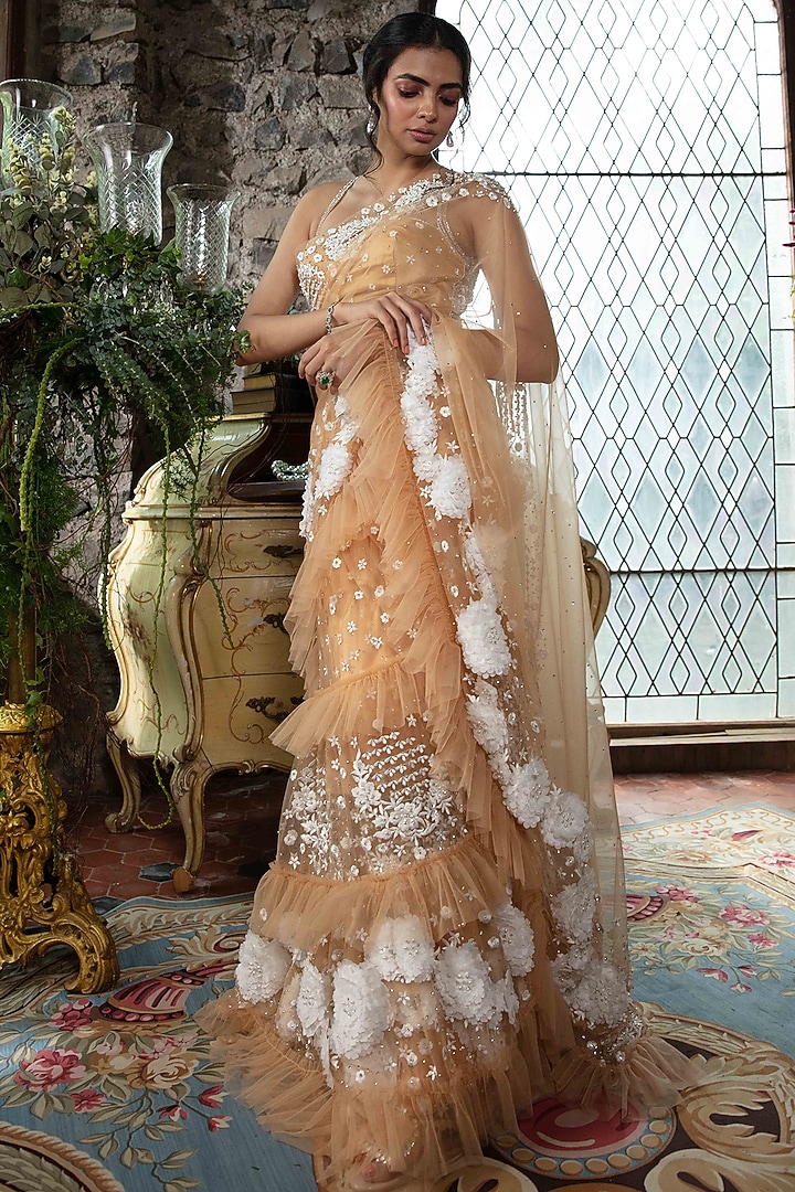 Nude Tulle Crystal Beadwork Tiered Bridal Lehenga Saree Set by Cherie D at Pernia's Pop Up Shop