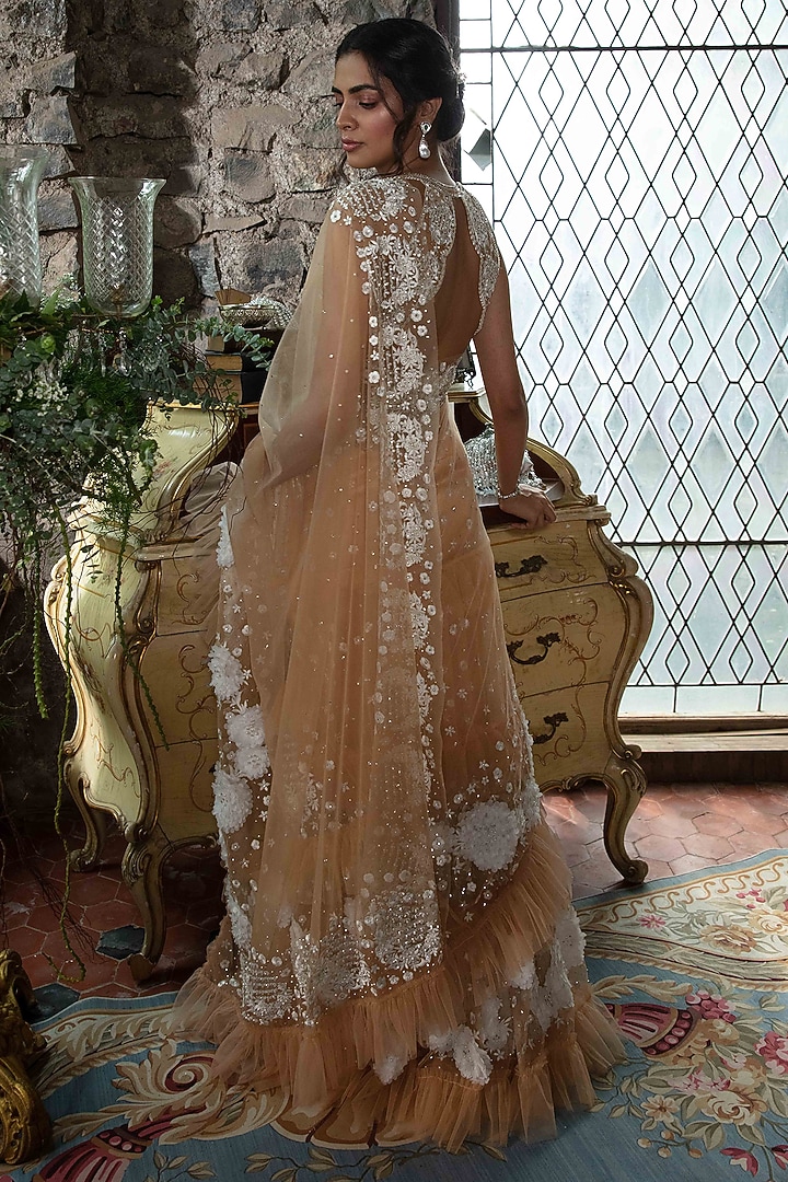 Nude Tulle Crystal Beadwork Tiered Bridal Lehenga Saree Set by Cherie D at Pernia's Pop Up Shop