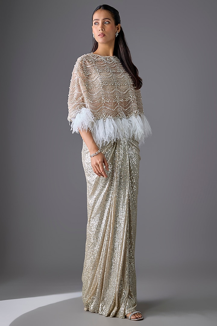Nude Tulle Crystal Work Cape Set by Cherie D at Pernia's Pop Up Shop