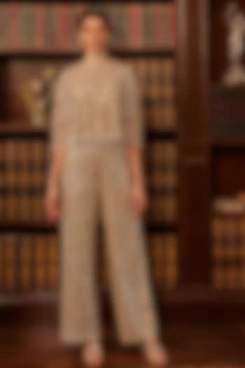 Grey Tulle Crystal Embroidered Jumpsuit With Poncho-Style Cape by Cherie D at Pernia's Pop Up Shop