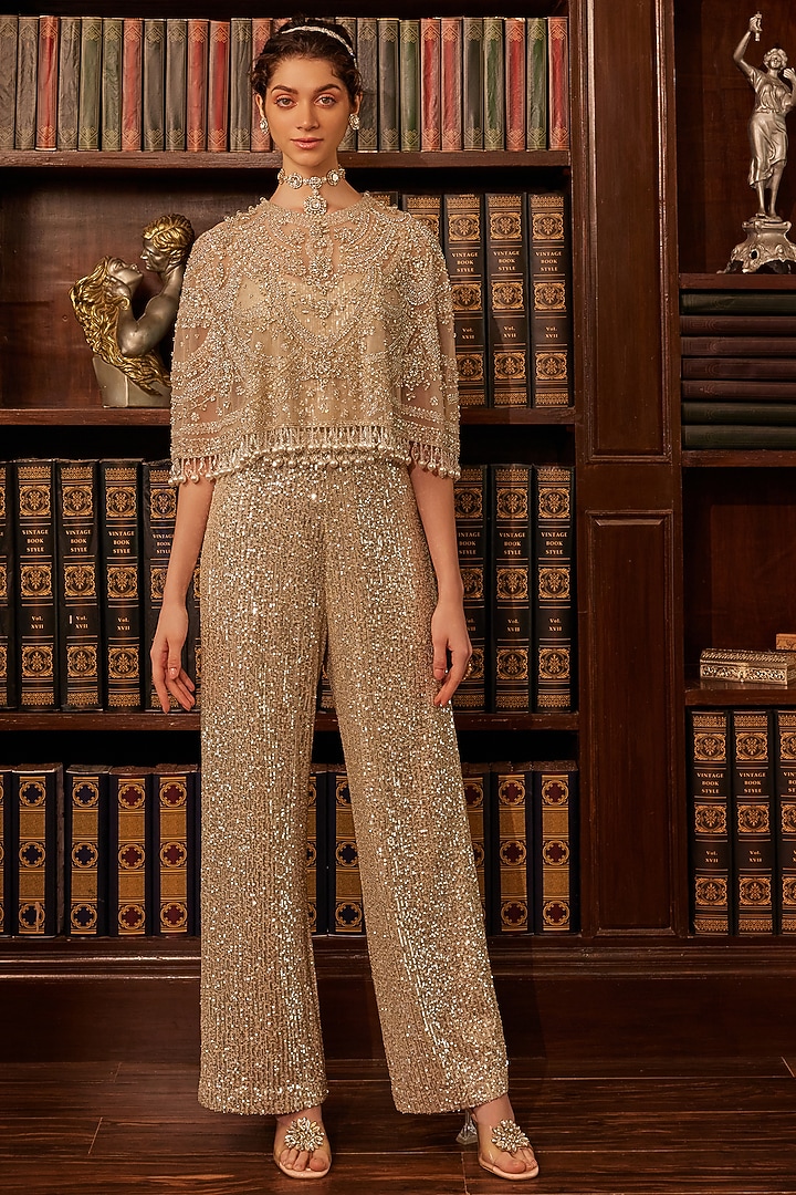 Grey Tulle Crystal Embroidered Jumpsuit With Poncho-Style Cape by Cherie D at Pernia's Pop Up Shop