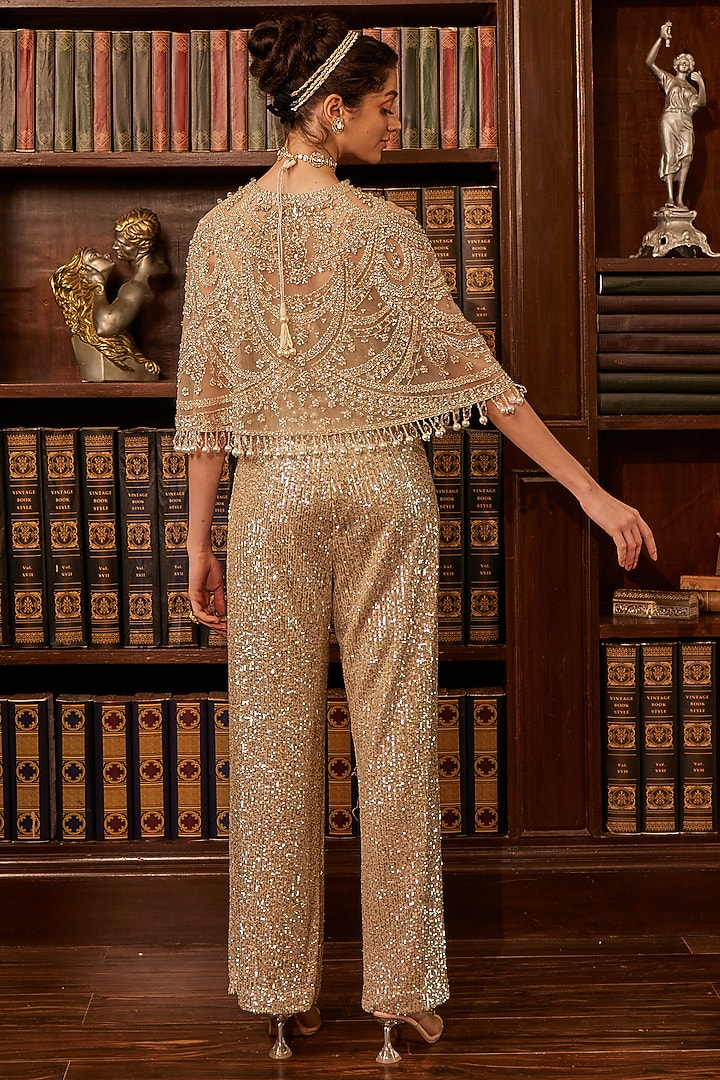 Grey Tulle Crystal Embroidered Jumpsuit With Poncho-Style Cape by Cherie D at Pernia's Pop Up Shop