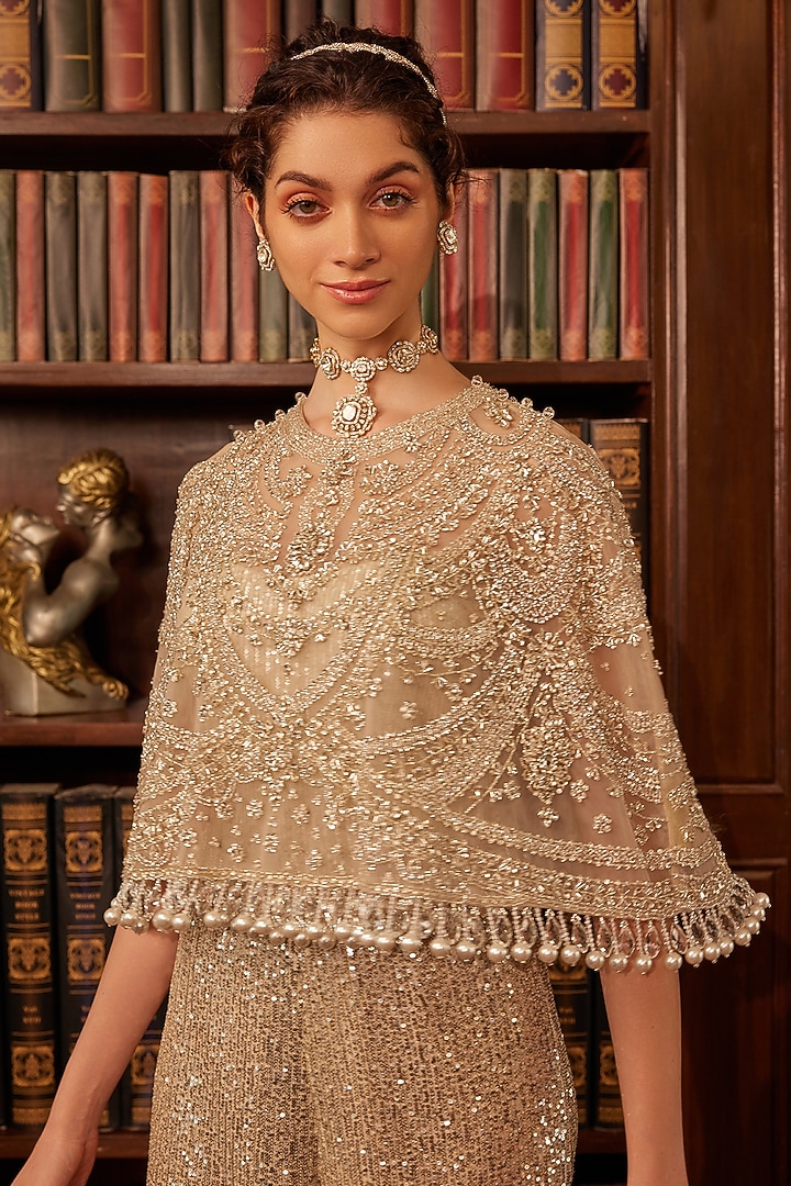 Grey Tulle Crystal Embroidered Jumpsuit With Poncho-Style Cape by Cherie D at Pernia's Pop Up Shop