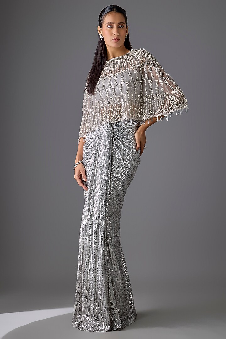 Grey Tulle Crystal Embroidered Cape Set by Cherie D at Pernia's Pop Up Shop