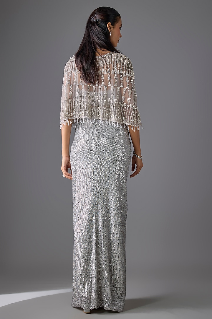 Grey Tulle Crystal Embroidered Cape Set by Cherie D at Pernia's Pop Up Shop