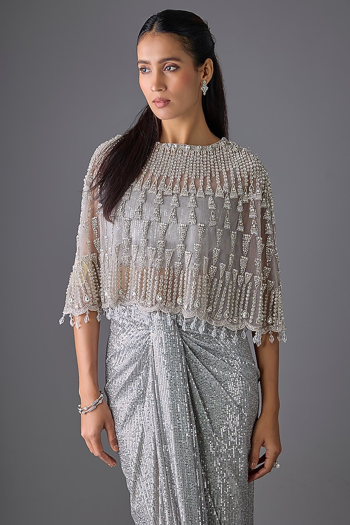 Grey Tulle Crystal Embroidered Cape Set by Cherie D at Pernia's Pop Up Shop