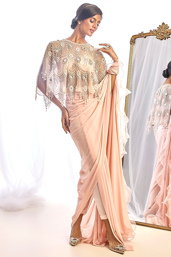 Pink Stretch Satin Pant Reception Saree Set by Cherie D at Pernia's Pop Up Shop