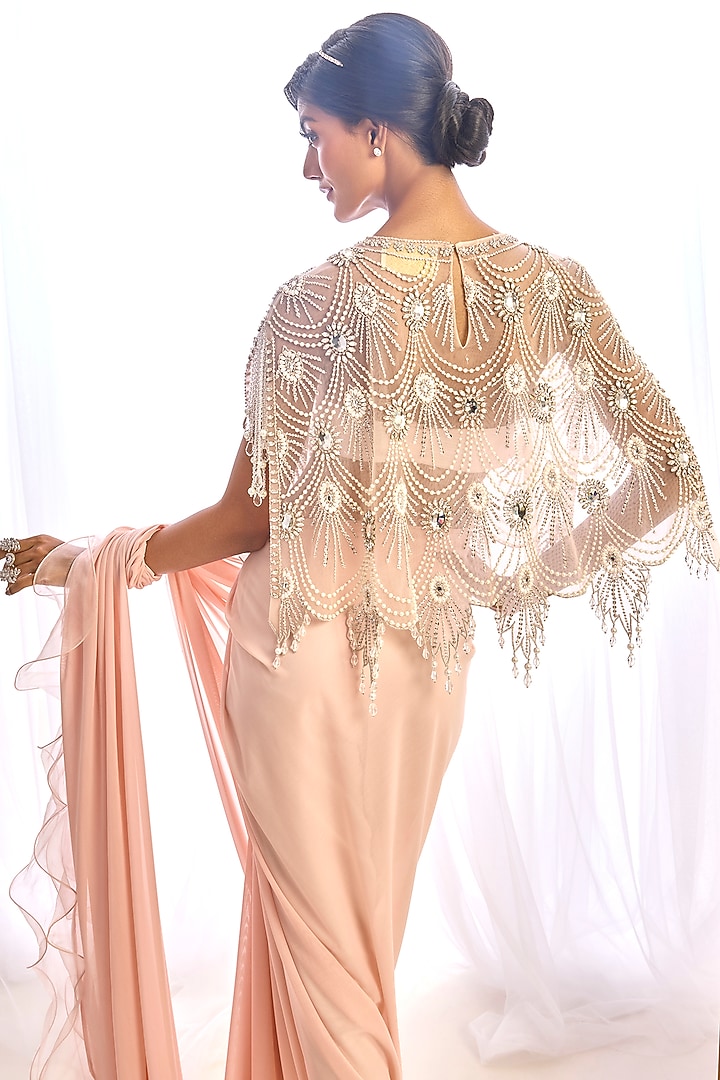 Pink Stretch Satin Pant Reception Saree Set by Cherie D at Pernia's Pop Up Shop