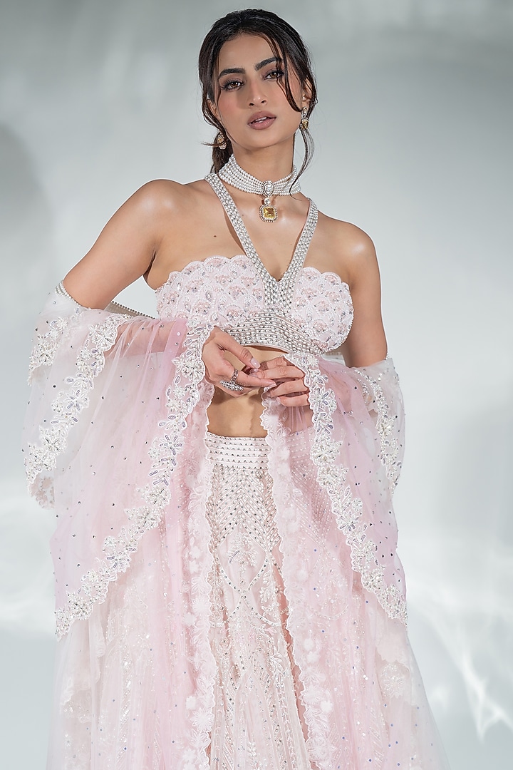 Pink Tulle Pearl & Crystal Embroidered Bridal Lehenga Set by Cherie D at Pernia's Pop Up Shop