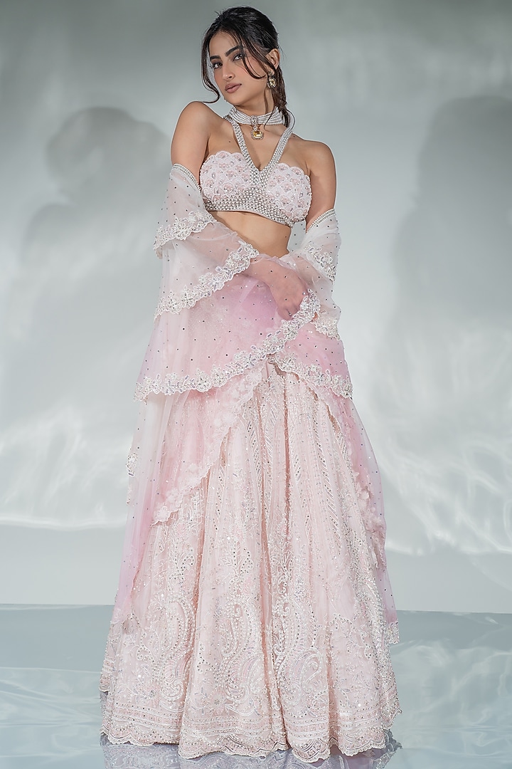 Pink Tulle Pearl & Crystal Embroidered Bridal Lehenga Set by Cherie D at Pernia's Pop Up Shop