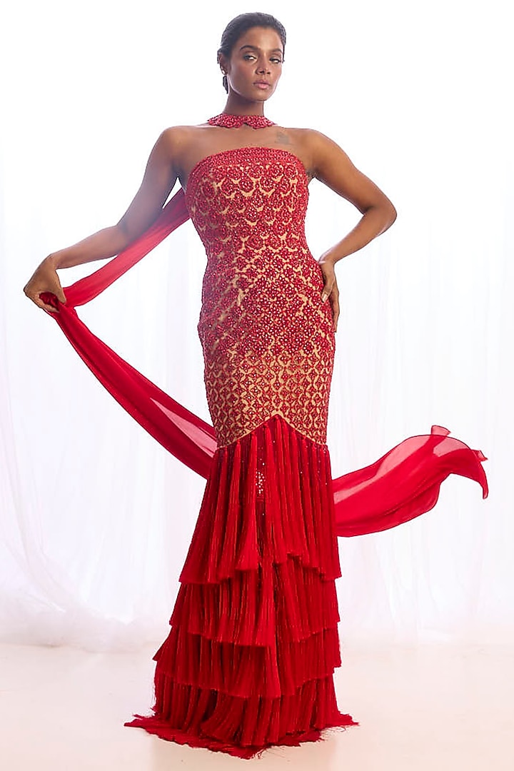 Red Tulle Crystal Motif Embroidered Strapless Bridal Gown With Dupatta by Cherie D at Pernia's Pop Up Shop