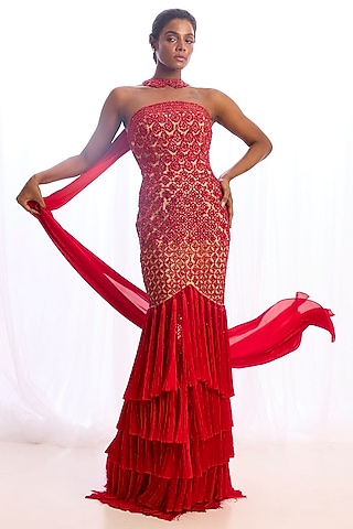 Red Tulle Crystal Motif Embroidered Strapless Gown With Dupatta by Cherie D