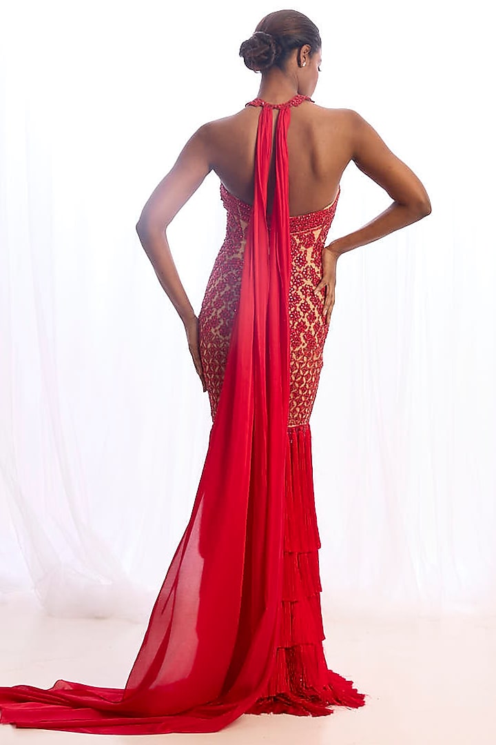 Red Tulle Crystal Motif Embroidered Strapless Bridal Gown With Dupatta by Cherie D at Pernia's Pop Up Shop