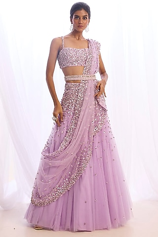 Lilac Tulle Crystal & Sequins Embroidered Lehenga Set by Cherie D