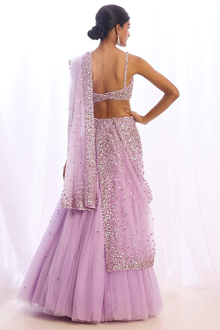 Lilac Tulle Crystal & Sequins Embroidered Bridal Lehenga Set by Cherie D at Pernia's Pop Up Shop