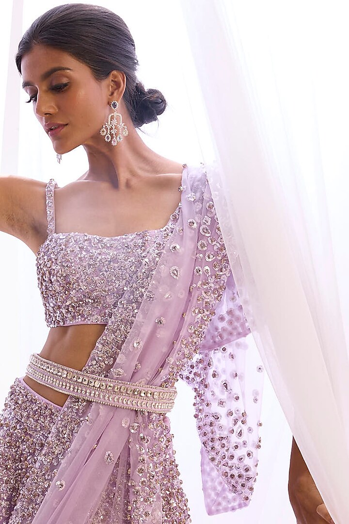 Lilac Tulle Crystal & Sequins Embroidered Bridal Lehenga Set by Cherie D at Pernia's Pop Up Shop