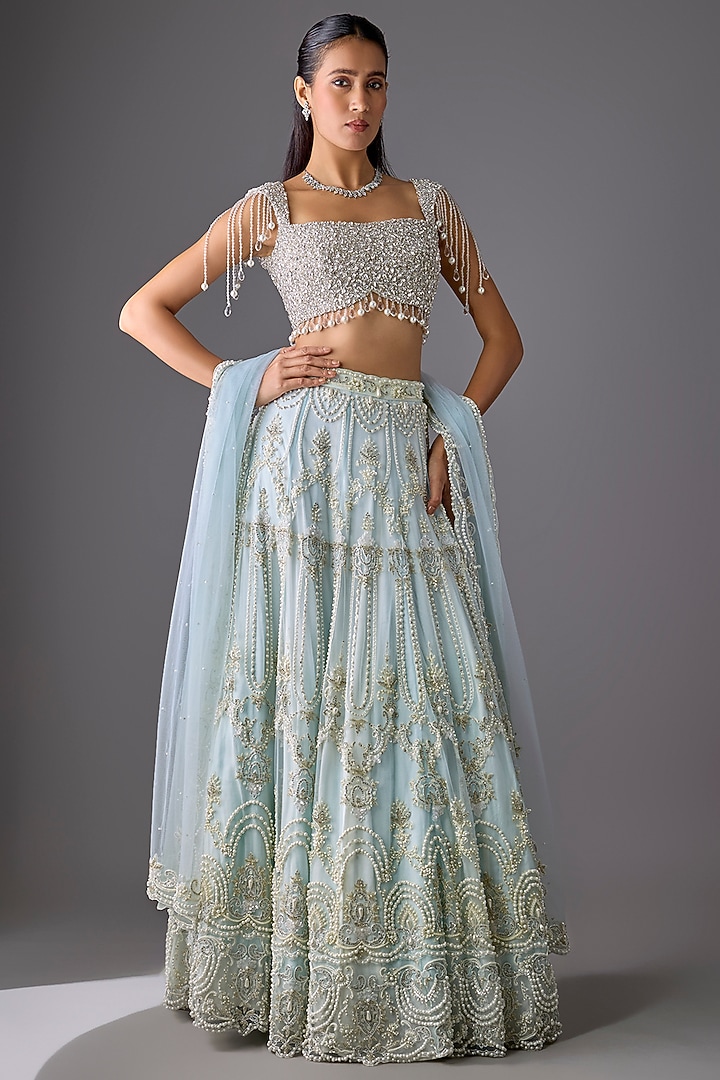 Ice Blue & Ivory Tulle Pearl Embroidered Bridal Lehenga Set by Cherie D at Pernia's Pop Up Shop