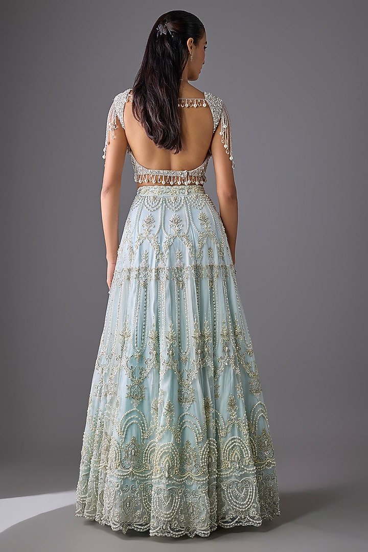 Ice Blue & Ivory Tulle Pearl Embroidered Bridal Lehenga Set by Cherie D at Pernia's Pop Up Shop