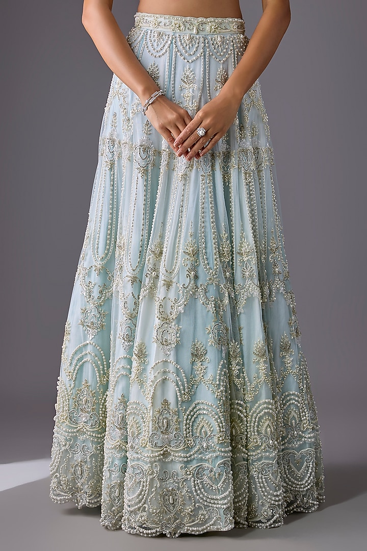 Ice Blue & Ivory Tulle Pearl Embroidered Bridal Lehenga Set by Cherie D at Pernia's Pop Up Shop