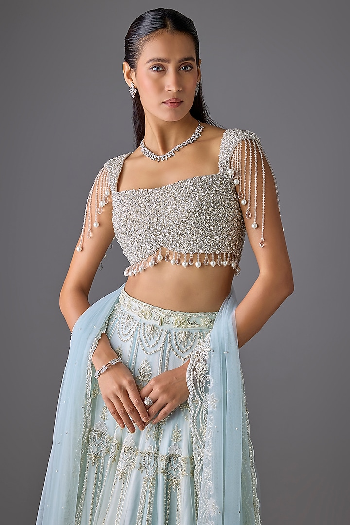 Ice Blue & Ivory Tulle Pearl Embroidered Bridal Lehenga Set by Cherie D at Pernia's Pop Up Shop