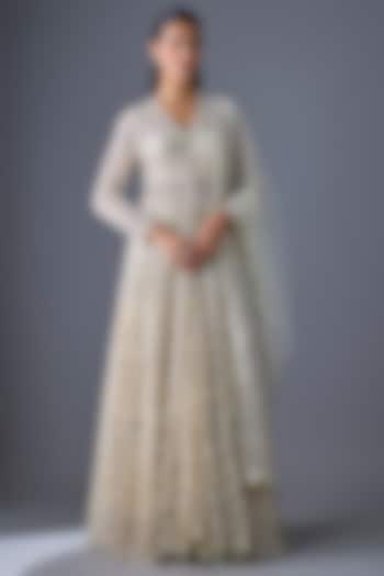 Ivory Tulle Pearl Embroidered Bridal Anarkali Jacket Set by Cherie D at Pernia's Pop Up Shop