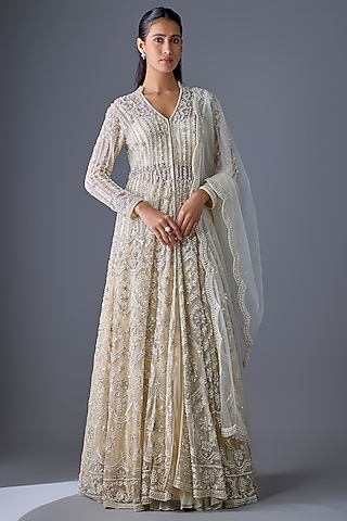 Ivory Tulle Pearl Embroidered Anarkali Jacket Set by Cherie D