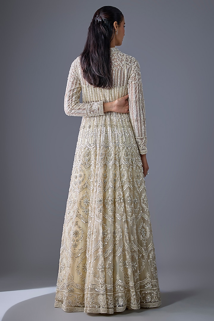 Ivory Tulle Pearl Embroidered Bridal Anarkali Jacket Set by Cherie D at Pernia's Pop Up Shop