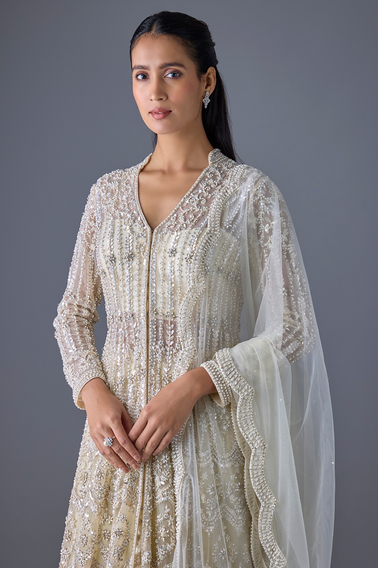 Ivory Tulle Pearl Embroidered Bridal Anarkali Jacket Set by Cherie