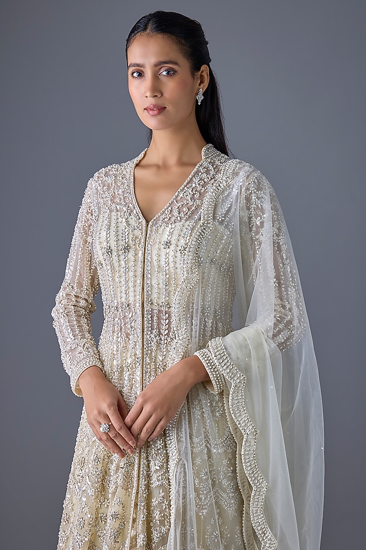 Ivory Tulle Pearl Embroidered Bridal Anarkali Jacket Set by Cherie D at Pernia's Pop Up Shop