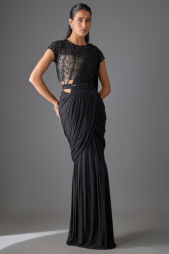 Black Tulle & Luxe Lycra Net Concept Reception Saree Set by Cherie D at Pernia's Pop Up Shop