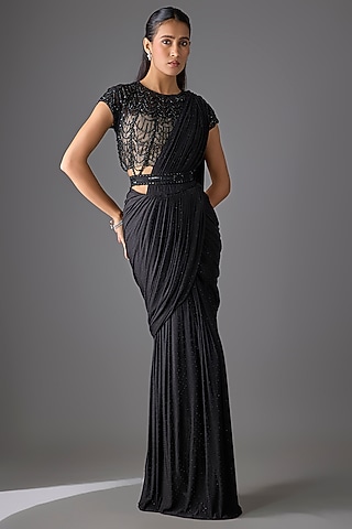 Black Tulle & Luxe Lycra Net Concept Saree Set by Cherie D
