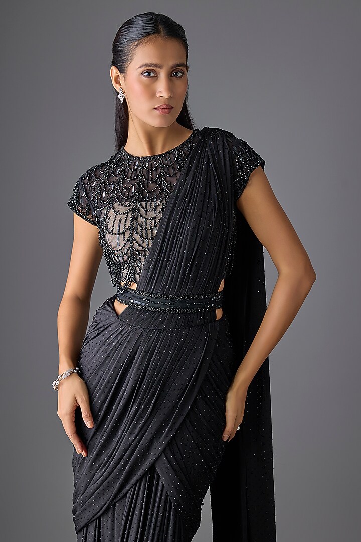 Black Tulle & Luxe Lycra Net Concept Reception Saree Set by Cherie D at Pernia's Pop Up Shop