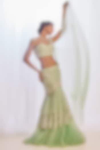 Green Ombre Tulle Cutdana & Pearl Embroidered Concept Bridal Saree Set by Cherie D at Pernia's Pop Up Shop
