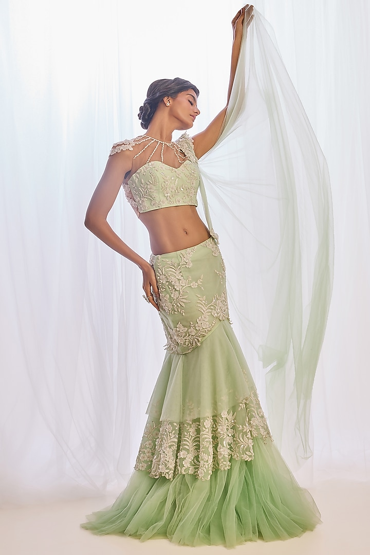 Green Ombre Tulle Cutdana & Pearl Embroidered Concept Bridal Saree Set by Cherie D at Pernia's Pop Up Shop