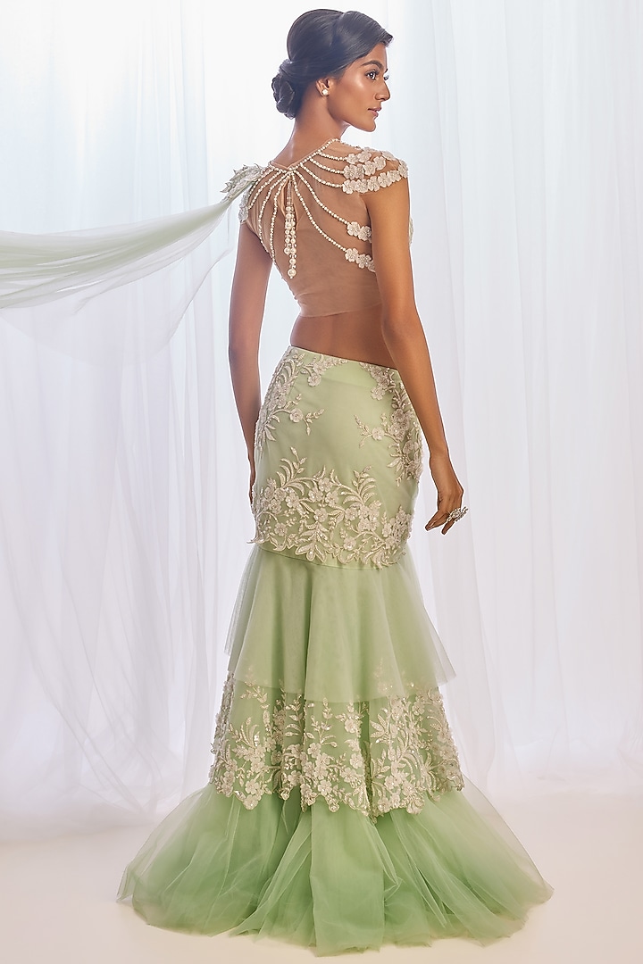 Green Ombre Tulle Cutdana & Pearl Embroidered Concept Bridal Saree Set by Cherie D at Pernia's Pop Up Shop