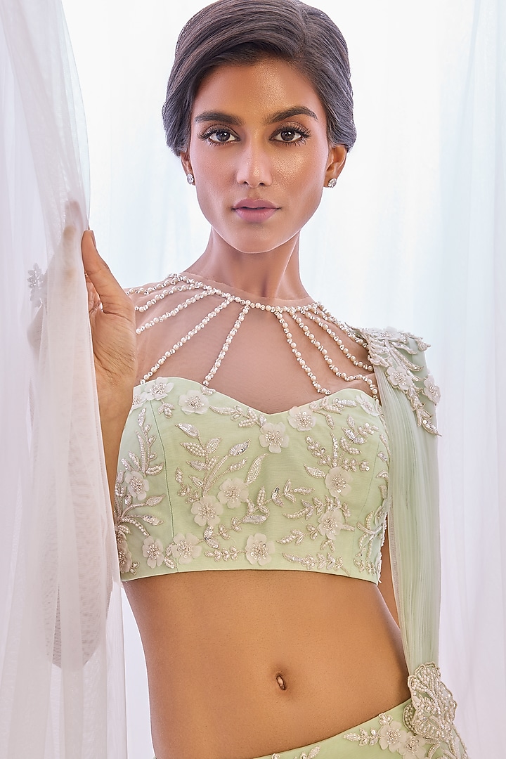 Green Ombre Tulle Cutdana & Pearl Embroidered Concept Bridal Saree Set by Cherie D at Pernia's Pop Up Shop