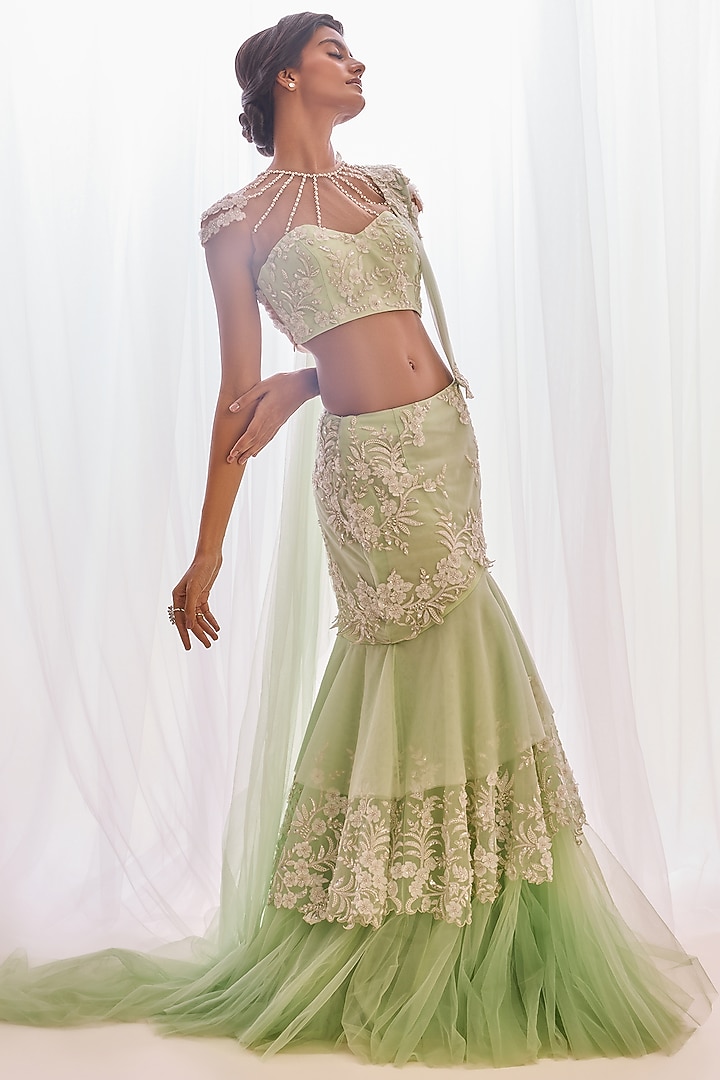 Green Ombre Tulle Cutdana & Pearl Embroidered Concept Bridal Saree Set by Cherie D at Pernia's Pop Up Shop
