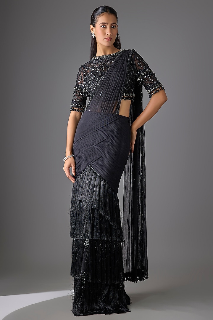 Black Tulle Concept Bridal Saree Set by Cherie D at Pernia's Pop Up Shop