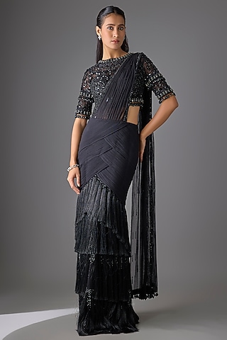 Black Tulle Concept Saree Set by Cherie D