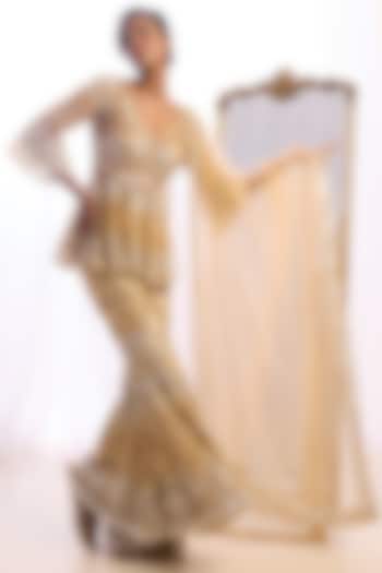 Silver & Gold Tulle Geometric Artwork Bridal Sharara Set by Cherie D at Pernia's Pop Up Shop