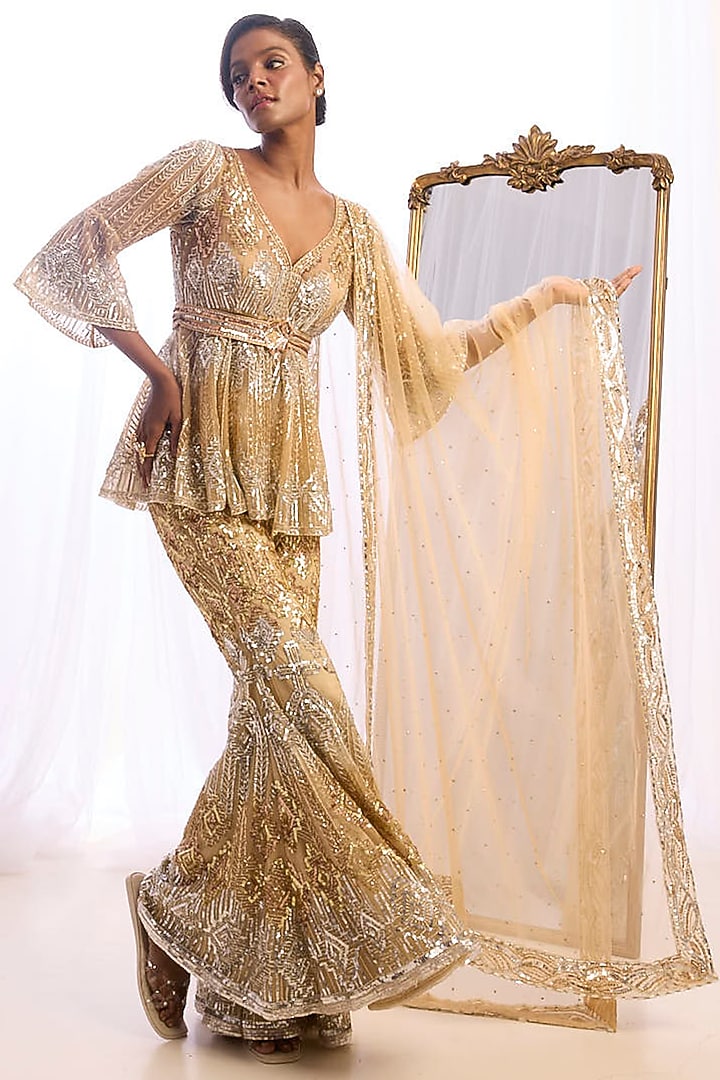 Silver & Gold Tulle Geometric Artwork Bridal Sharara Set by Cherie D at Pernia's Pop Up Shop